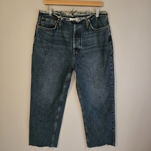 Anine Bing, medium wash denim jeans, frayed waist and hem, straight leg, 32